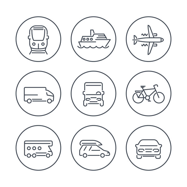 Transport, car, van, minivan, bus, train, airplane line icons in circles