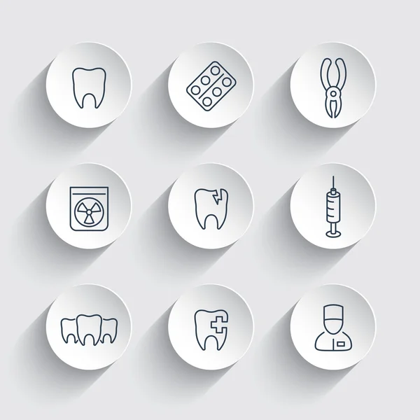 Diente, cuidado dental, alicates dentales, dentista, cavidad dental, línea redonda icono — Vector de stock