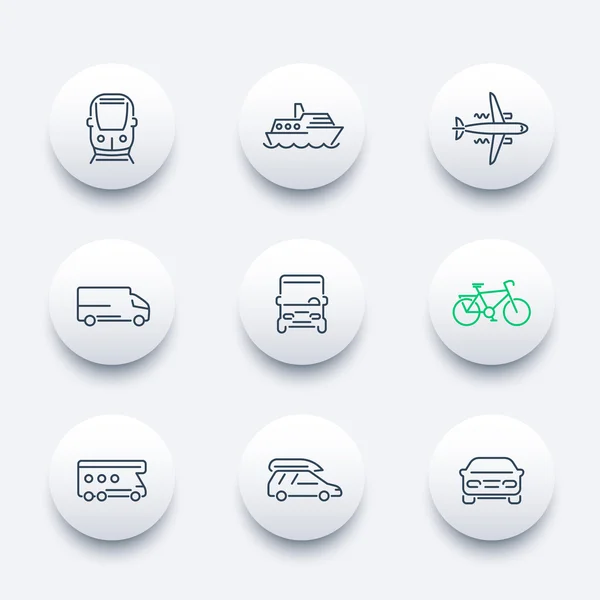 Transport, Auto, Lieferwagen, Minivan, Bus, Zug, Fluglinie runde Icons packen — Stockvektor