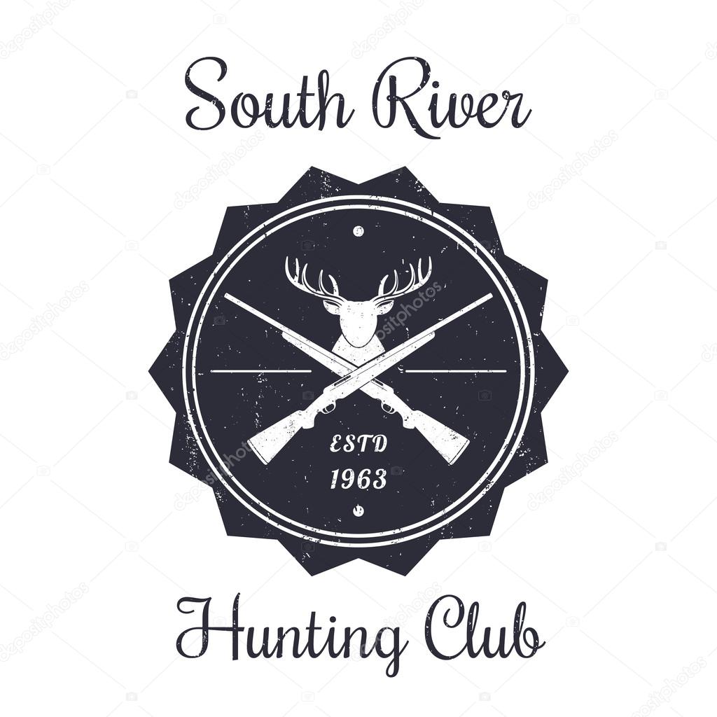 Hunting Club Vintage Emblem with deer head and rifles, with grunge texture