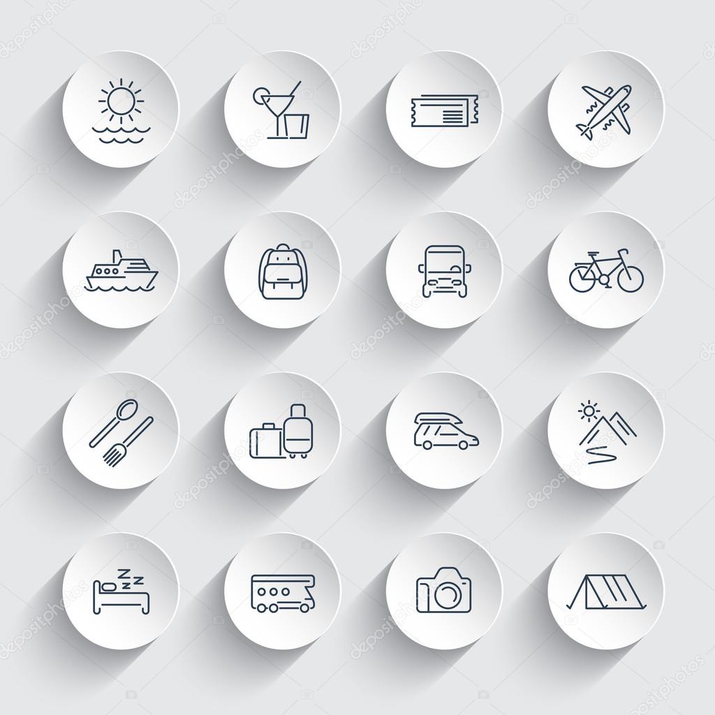 Travel, tourism, trip, vacation, cruise line round icons pack, vector illustration