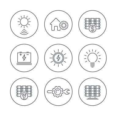 Solar energy, solar power, panels, plant, line icons in circles
