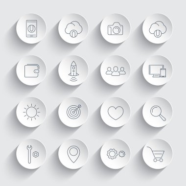 Thin line web icons on round 3d shapes