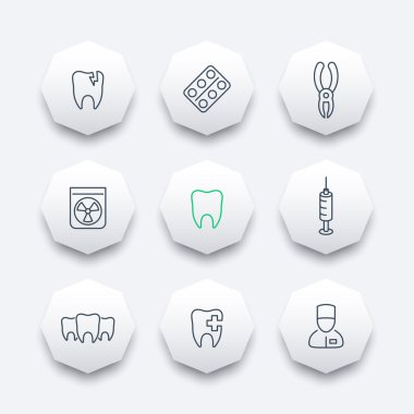Tooth, dental care, dental pliers, toothcare, dentist, line octagon icons