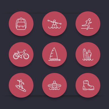 Travel, adventure, surfing line round red icons