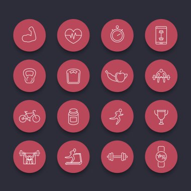 16 fitness, gym, training line round red icons