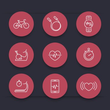 cardio, heart training, fitness, line round icons