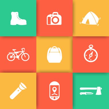 Hiking, Camping icons on squares