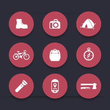 Hiking, Camping round red icons