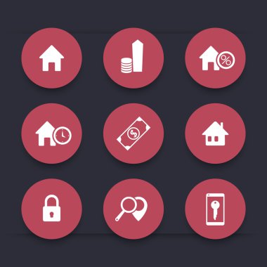 Real Estate, house sale, search, round red icons clipart