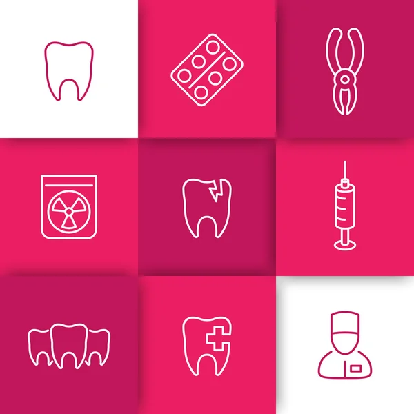 Tooth, dental care, dental pliers, dentist, tooth cavity, line icons on squares — Διανυσματικό Αρχείο