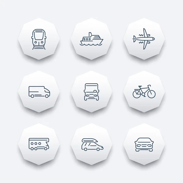 Transport, car, van, minivan, bus, train, airplane line octagon icons — ストックベクタ