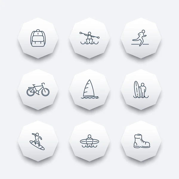 Viagem, aventura, surf, caiaque linha ícones de octógono —  Vetores de Stock