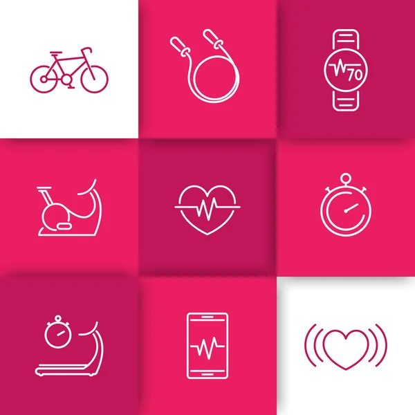 Cardio, heart training, fitness, line icons on squares — 图库矢量图片
