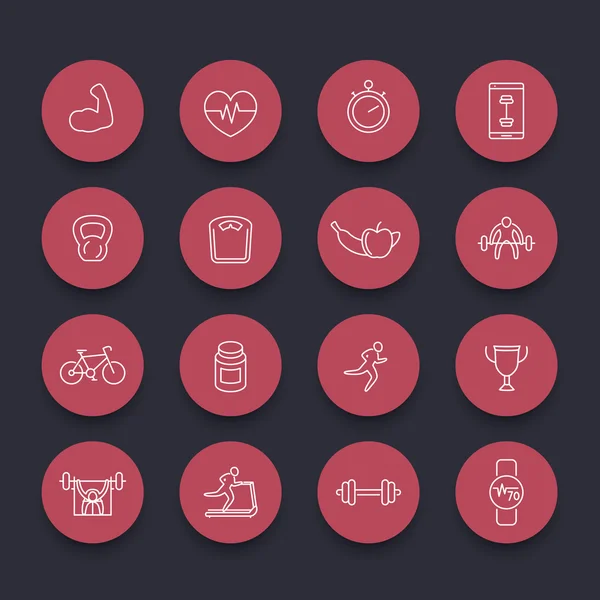 16 fitness, gimnasio, línea de entrenamiento alrededor de iconos rojos — Vector de stock