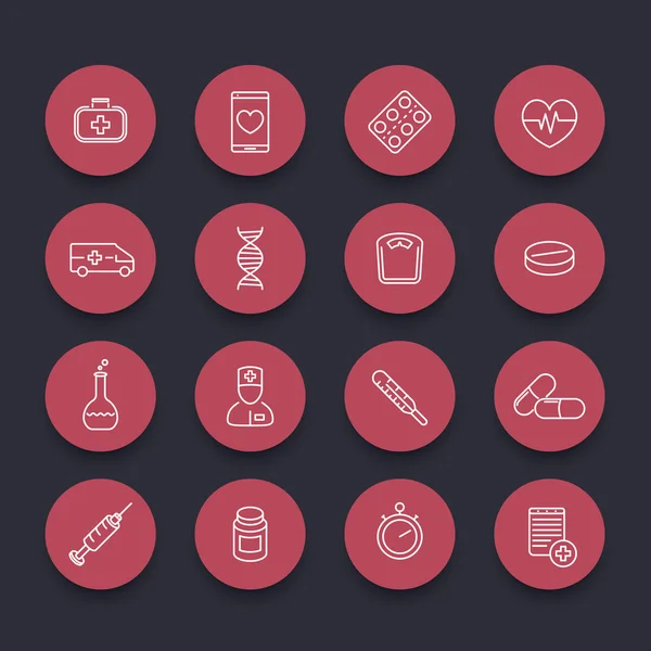 Medicine, health care, pharmaceutics line round red icons — Stockvector