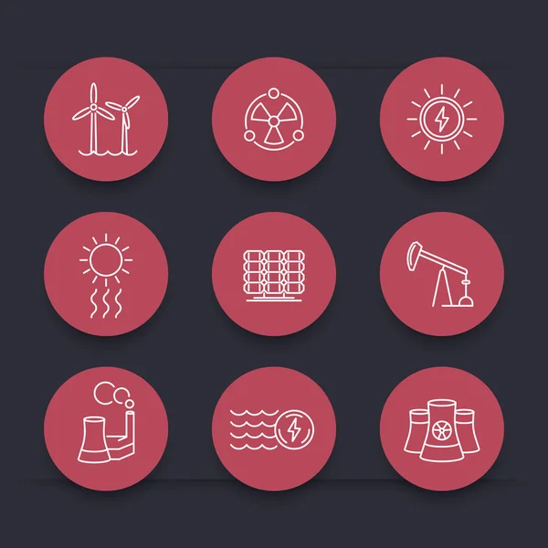 Power, energy production, energetics, solar, nuclear energy, line round red icons — Stok Vektör