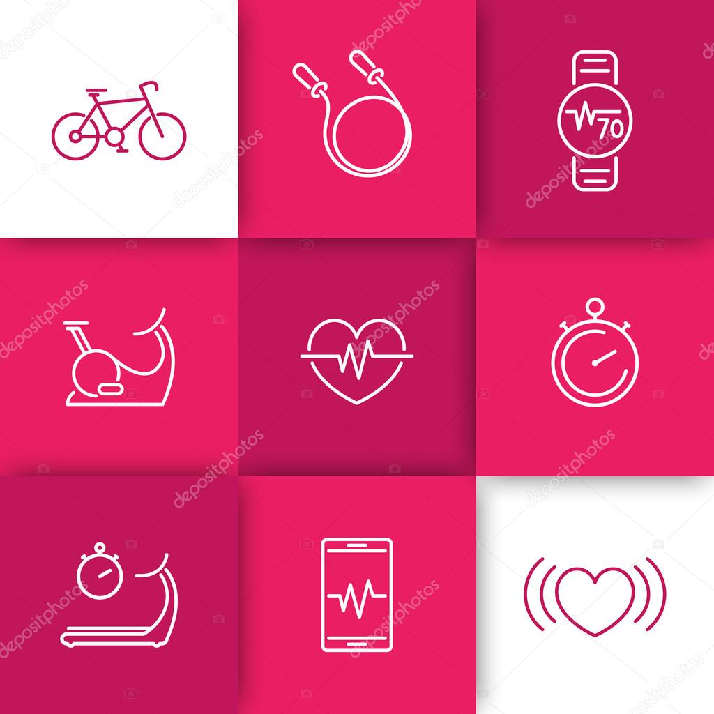 Cardio, heart training, fitness, line icons on squares, vector illustration