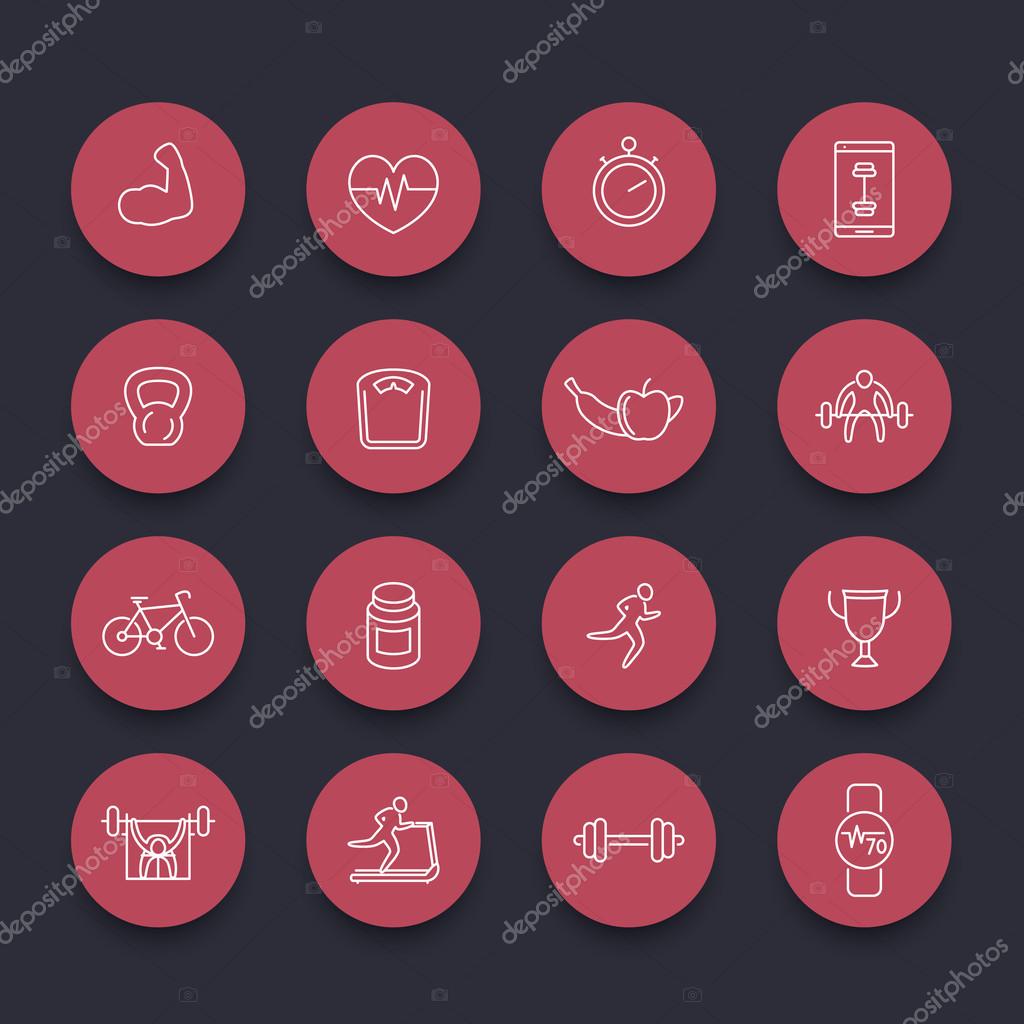 16 fitness, gym, training line round red icons, vector illustration