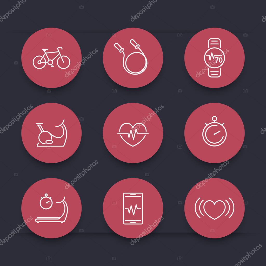 Cardio, heart training, fitness, line round icons, vector illustration