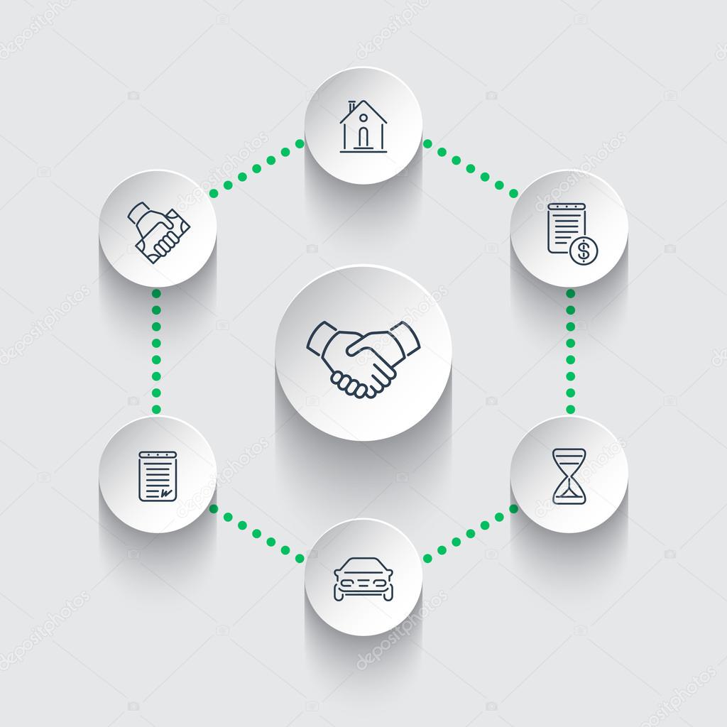 Leasing, banking, loan, lending, deal, line round icons