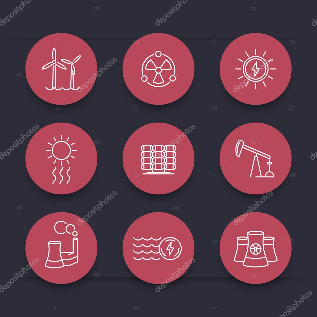 Power, energy production, energetics, solar, nuclear energy, line round red icons, vector illustration