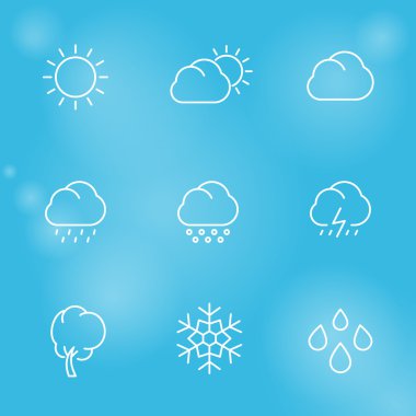 Weather, sunny, cloudy day, rain, hail, snow, wind, line white icons