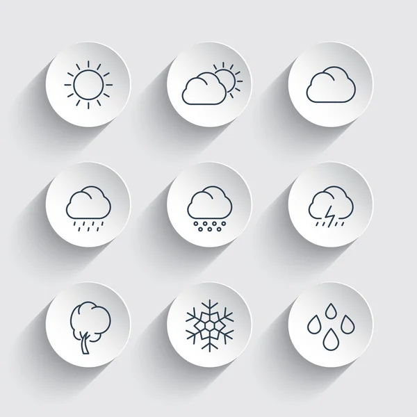Wetter, sonnig, bewölkt, Regen, Hagel, Schnee, Wind, Zeilensymbole auf runden 3D-Formen — Stockvektor