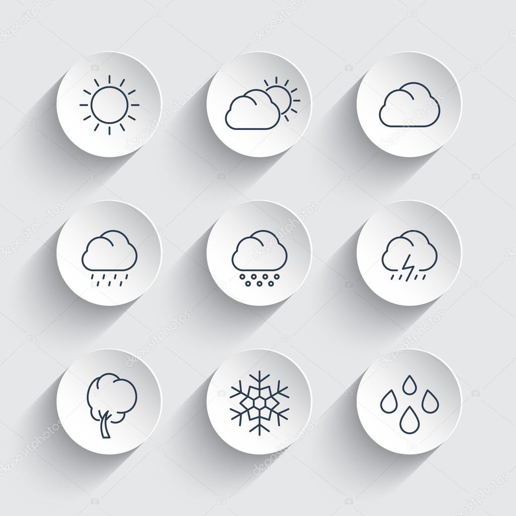 Weather, sunny, cloudy day, rain, hail, snow, wind, line icons on round 3d shapes