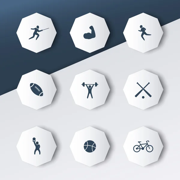 Deporte, iconos octogonales con sombras — Vector de stock