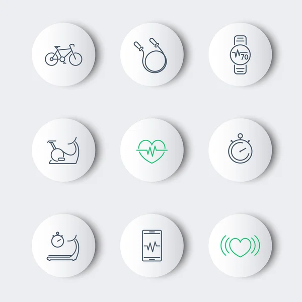 Cardio, heart training, fitness, health line round modern icons — Stock vektor