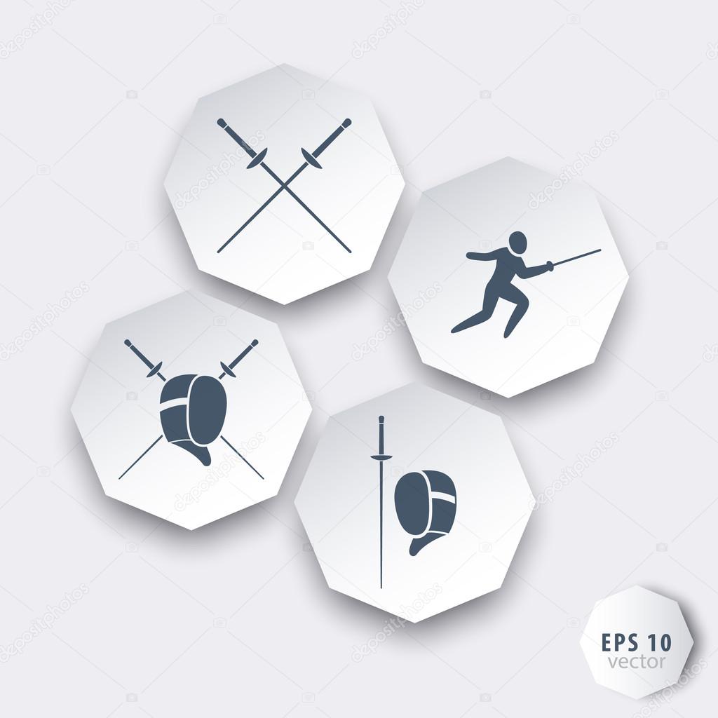 Fencing octagonal 3d icons in grey-blue and white