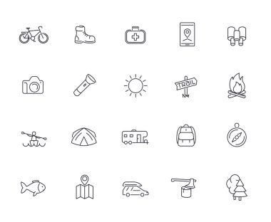 Hiking, Camping, Trekking, Adventure line icons pack