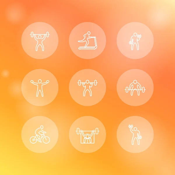 Gym, fitness exercises, training, workout line round white icons — ストックベクタ