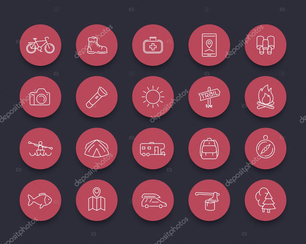 Hiking, camping, trekking, adventure, trip line round red icons, vector illustration