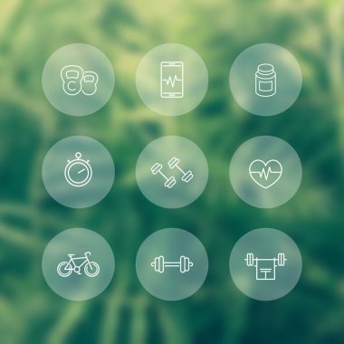 line fitness, gym round white icons