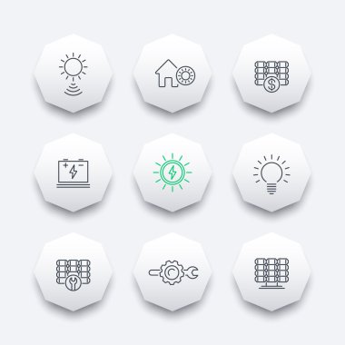 Solar energy, solar panels, plant, line octagon icons
