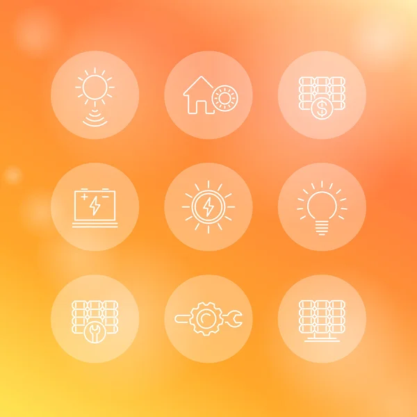 Solar energy, solar power, panels, round white linear icons — Stok Vektör