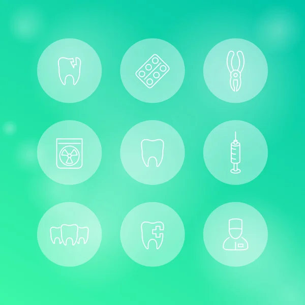 Tooth, dental care, dental pliers, toothcare, stomatology, line round white icons — Wektor stockowy
