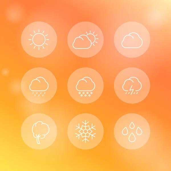 Weather, sunny, cloudy day, rain, hail, snow, wind, line round white icons — Stock Vector