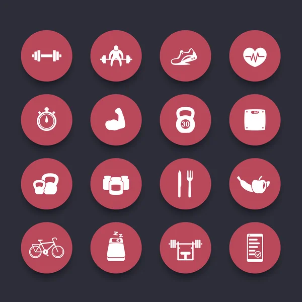 16 fitness, gym, sport, workout, healthy living round red icons — Stock vektor