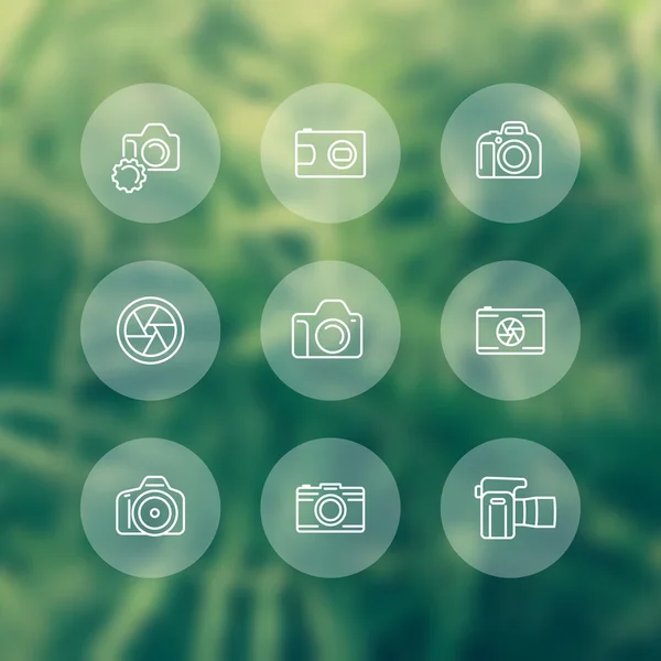 Camera, dslr, diaphragm, round white line icons — Stockvector