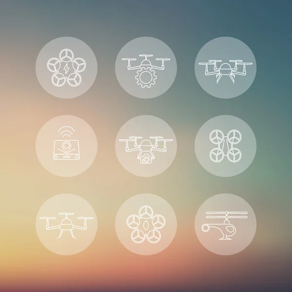 Drones, quadrocopter, drone con cámara, línea uav alrededor de iconos blancos — Vector de stock