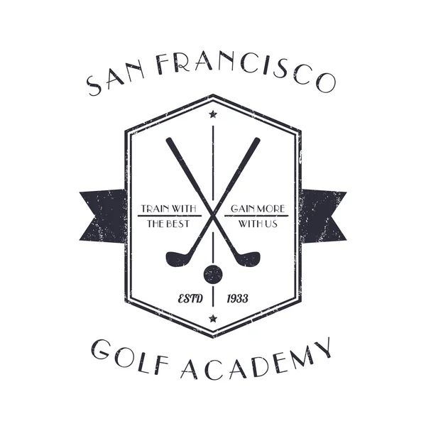 Logo vintage Golf Academy, emblema con mazze da golf, con grunge texture — Vettoriale Stock