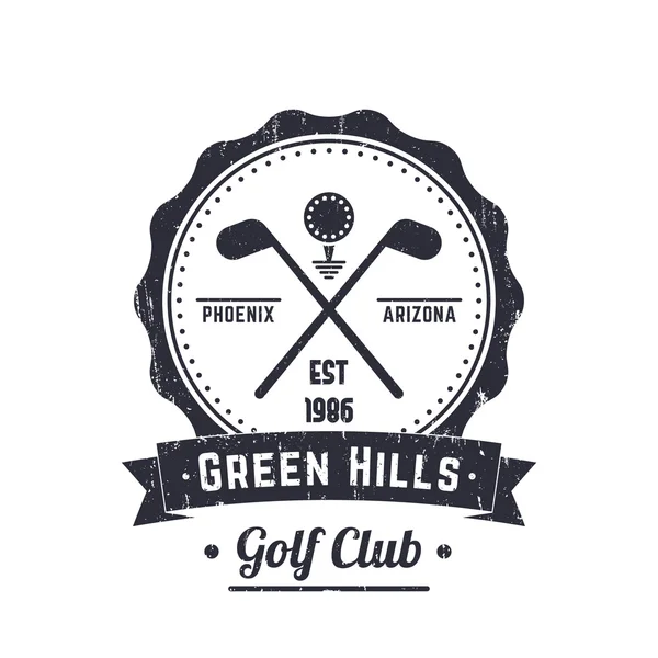 Golf club vintage logo, emblem, sign, crossed golf clubs and ball, with grunge texture — Stok Vektör