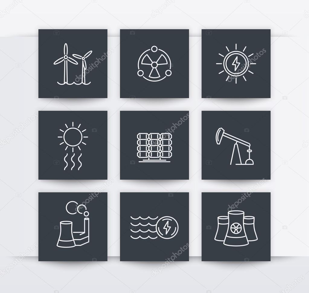Power, energy production, energetics, electric industry, line square icons, vector illustration