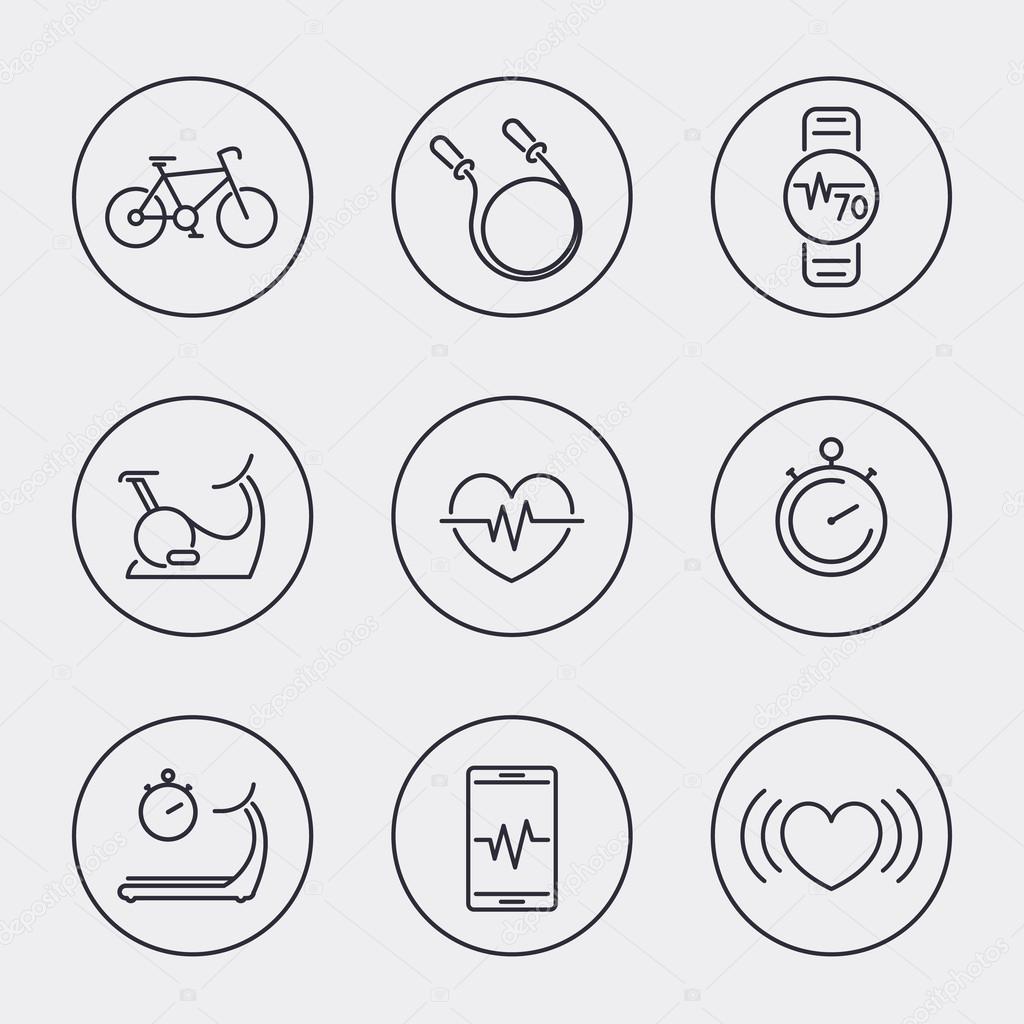 Cardio, heart training, fitness, health line icons in circles, vector illustration, eps10, easy to edit