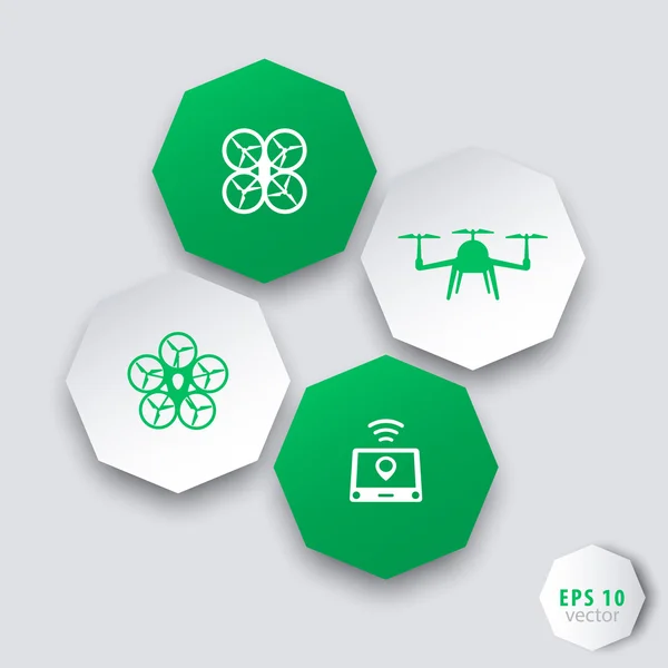 Drones, Tricóptero, Multicopter, Quadrocopter octagonal 3d iconos en verde y blanco — Vector de stock