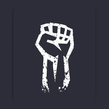 Fist held high, protest sign, grunge white silhouette clipart