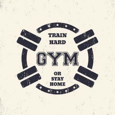 Yuvarlak grunge spor salonu t-shirt tasarım, barbell ile yazdırma